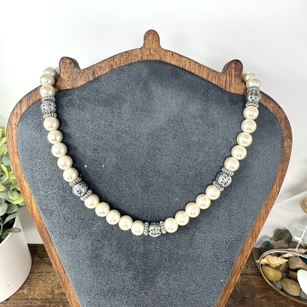 Vintage Faux Pearl Necklace 18" Silver Tone Choker W/ Matching Earrings Fashion